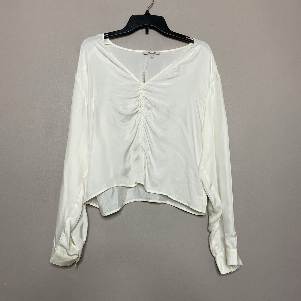 Madewell Women Sz 14 Brushed Ruched-Front Top in Lighthouse Long Sleeve V Neck
